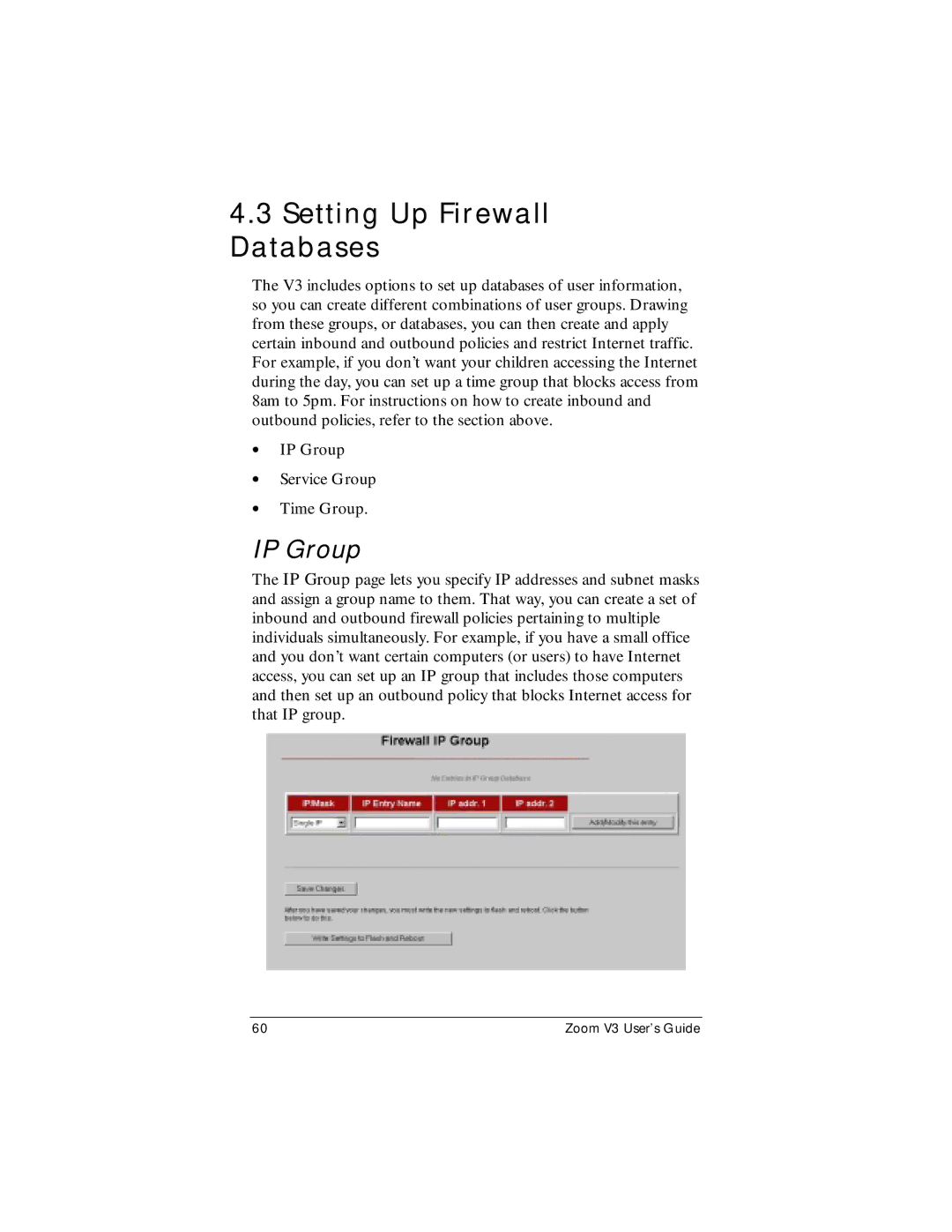 Zoom Zoom V3 manual Setting Up Firewall Databases, IP Group 