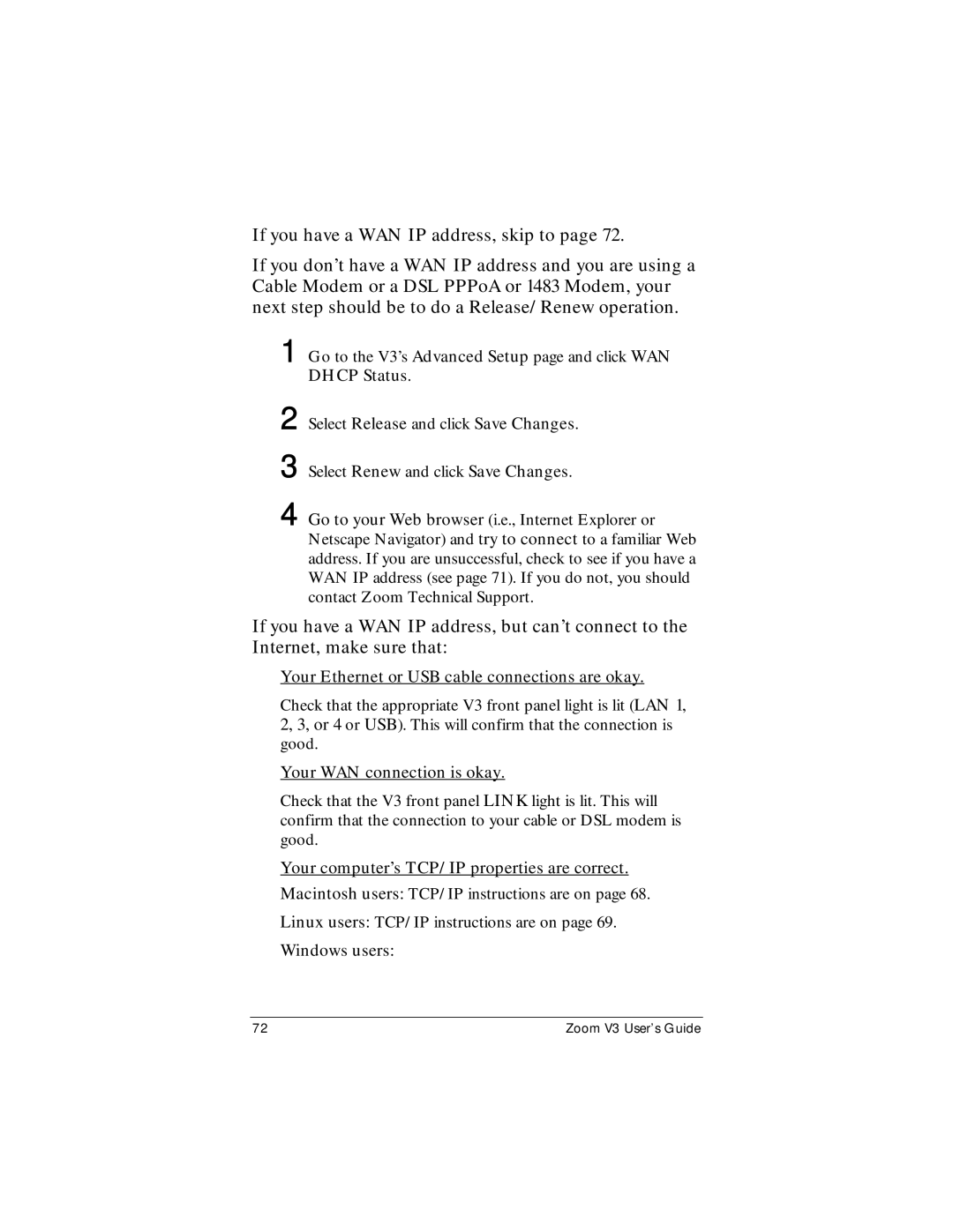 Zoom Zoom V3 manual Select Release and click Save Changes, Your Ethernet or USB cable connections are okay, Windows users 