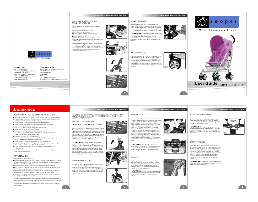 Zooper BU801E manual Closing the Stroller for Travel or Storage, Using the Brakes, Swivel Wheels, Rear Wheels, Maintenance 