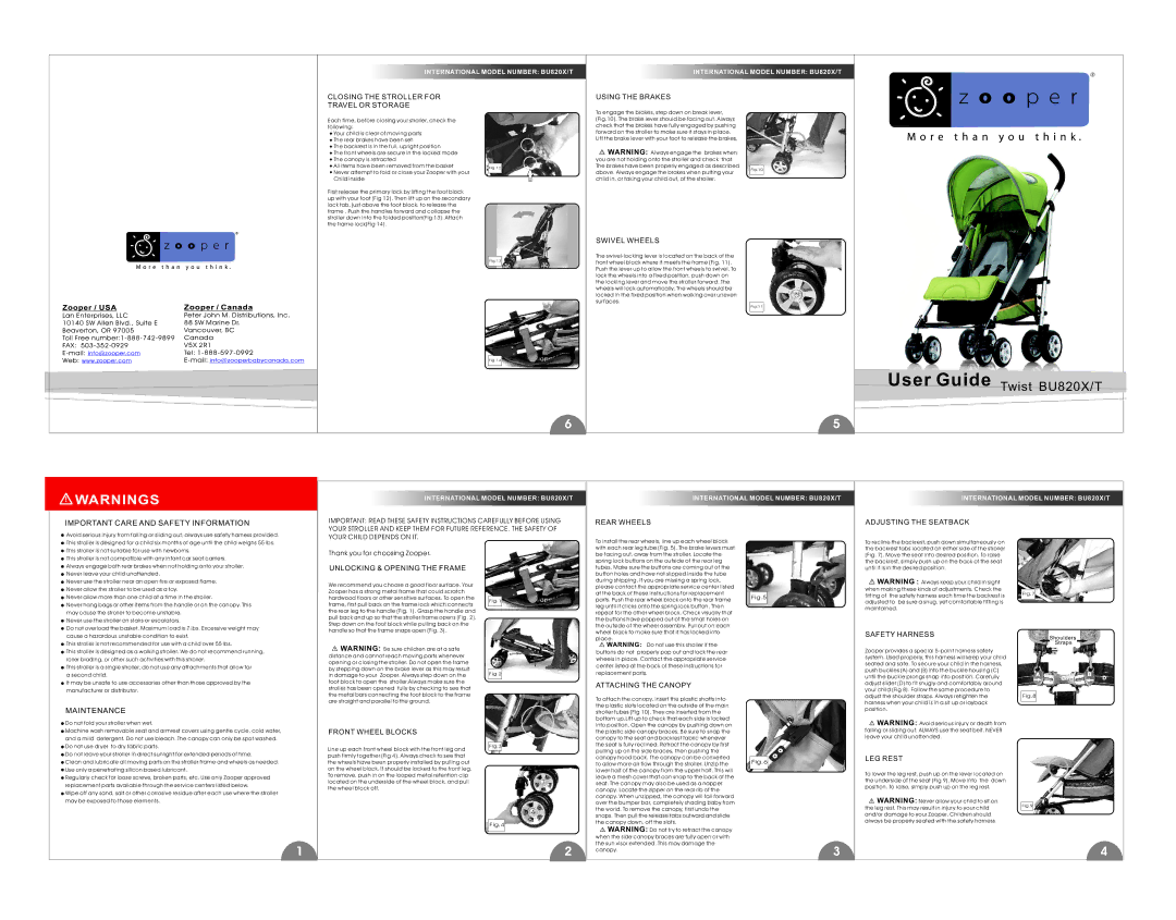 Zooper BU820X manual Closing the Stroller for Travel or Storage, Using the Brakes, Swivel Wheels, Rear Wheels, Maintenance 