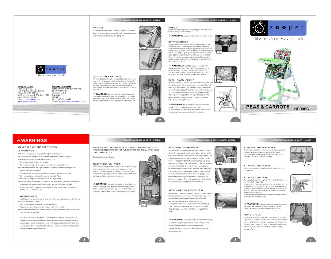 Zooper HC900C manual Footrest, Wheels, Closing the High Chair, Safety Harness, Height Adjustability, Attaching the Basket 