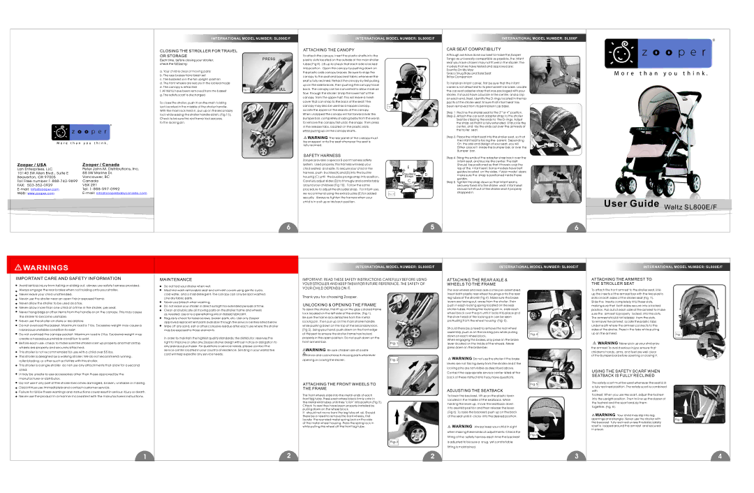 Zooper SL800E/F manual Closing the Stroller for Travel Or Storage, Attaching the Canopy, CAR Seat Compatibility 