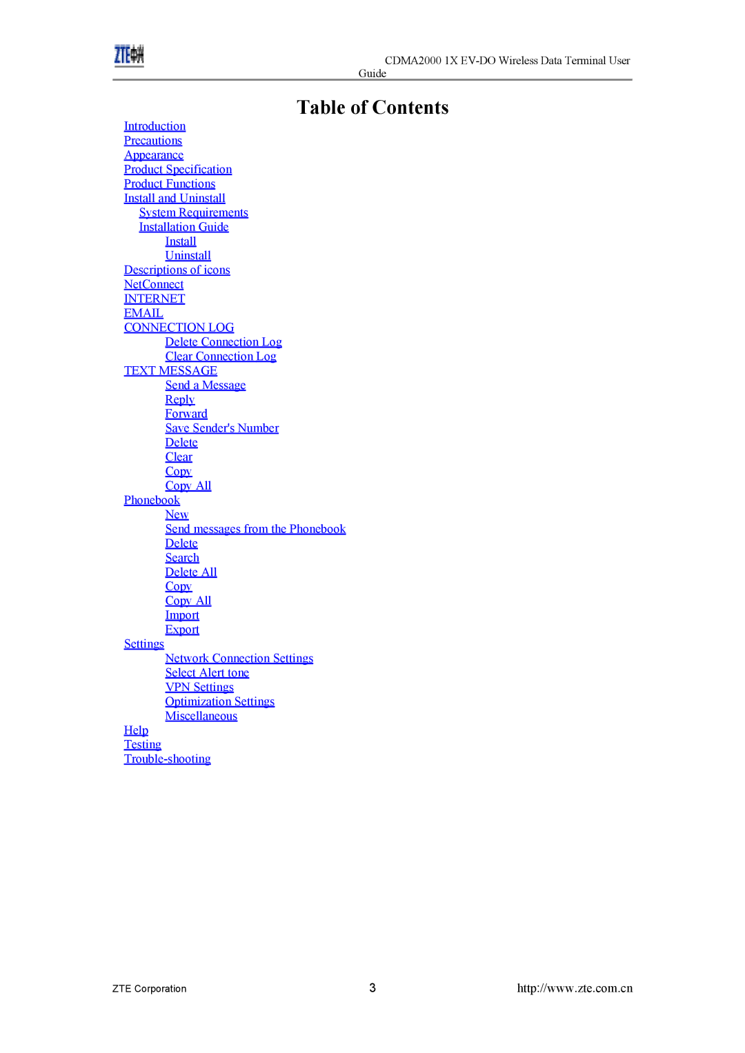 ZTE CDMA2000 1X EV-DO manual Table of Contents 