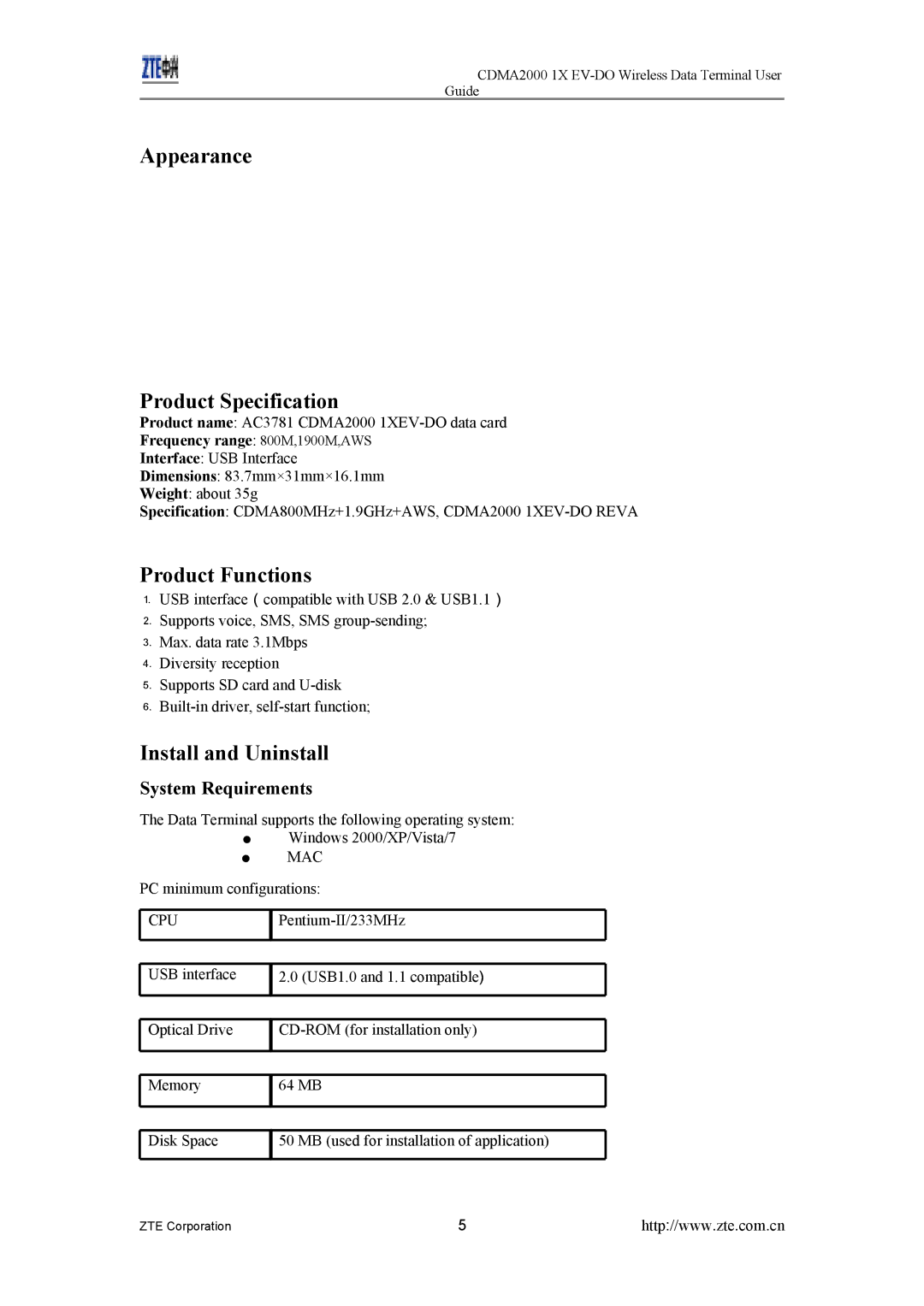 ZTE CDMA2000 1X EV-DO manual Appearance Product Specification, Product Functions, Install and Uninstall 