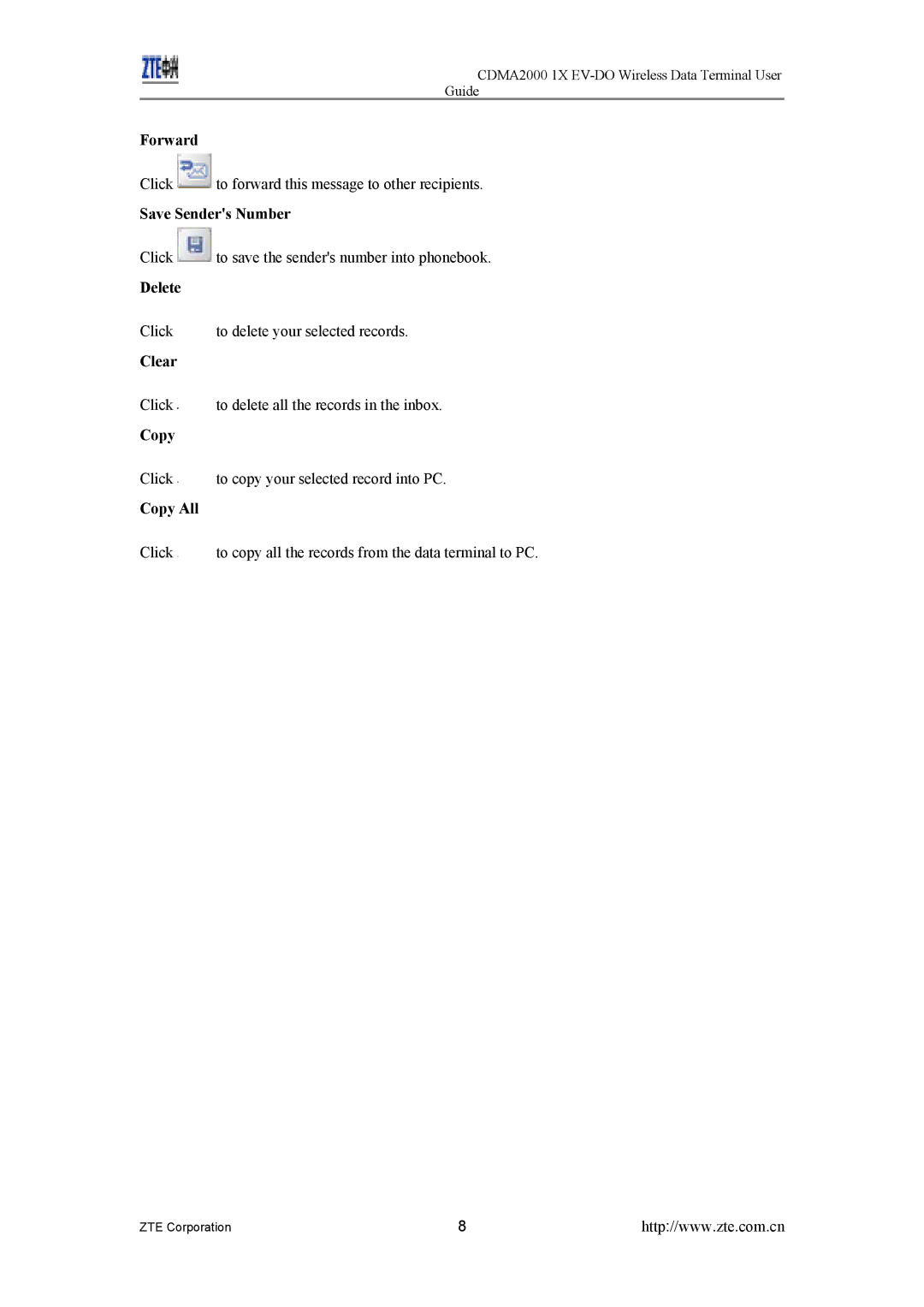 ZTE CDMA2000 1X EV-DO manual Forward, Save Senders Number, Delete, Clear, Copy All 