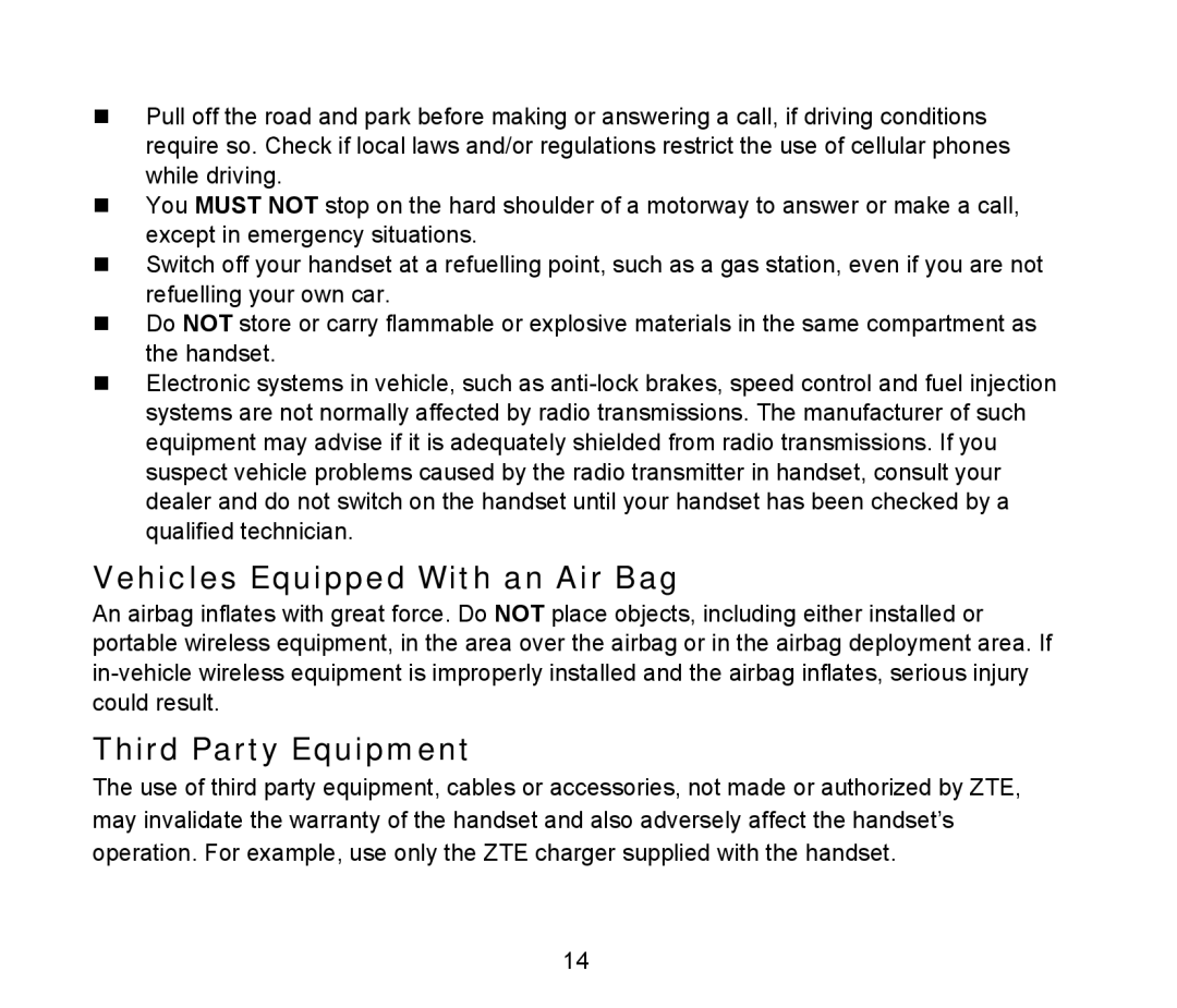 ZTE D90 user manual Vehicles Equipped With an Air Bag, Third Party Equipment 