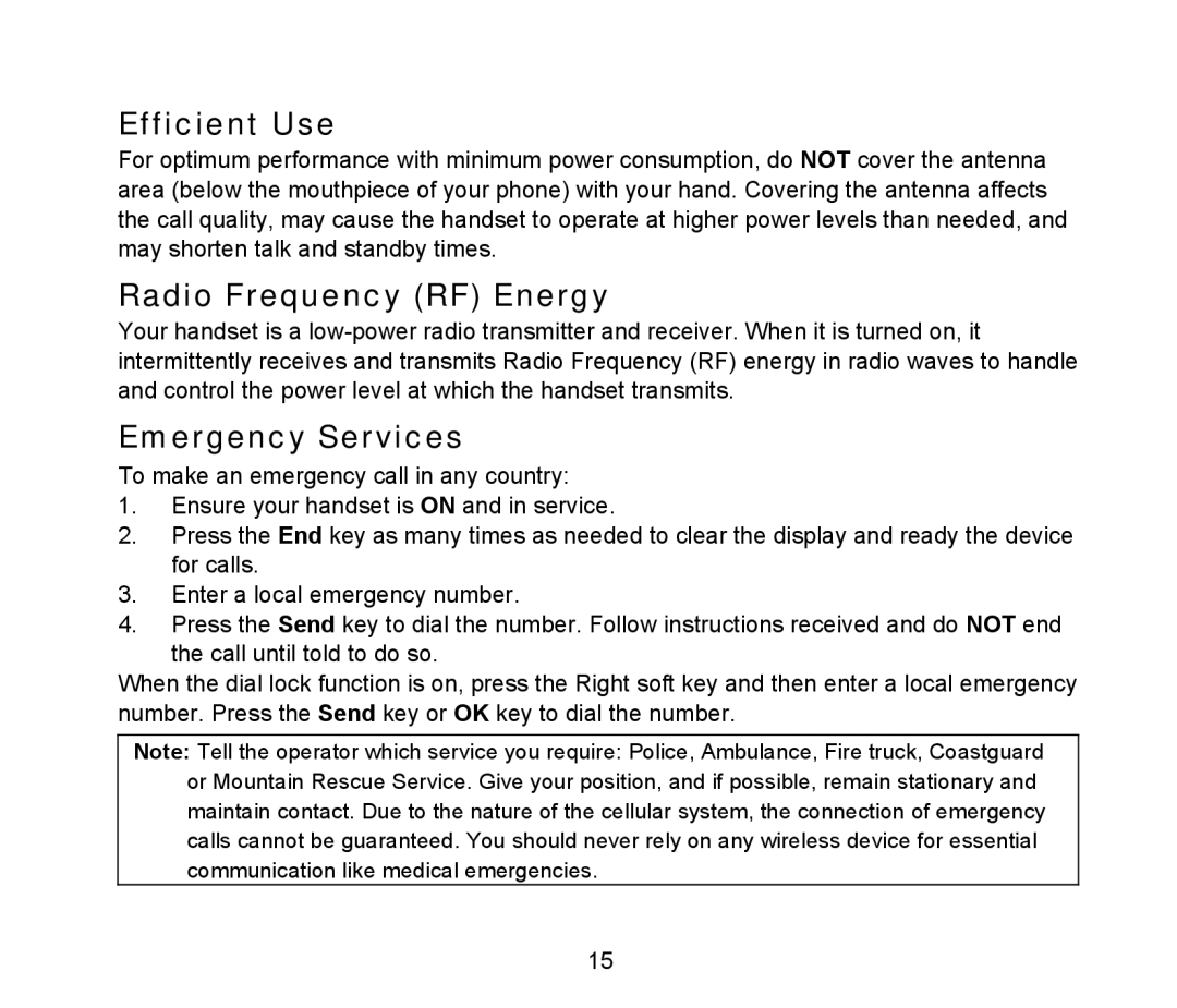 ZTE D90 user manual Efficient Use, Radio Frequency RF Energy, Emergency Services 