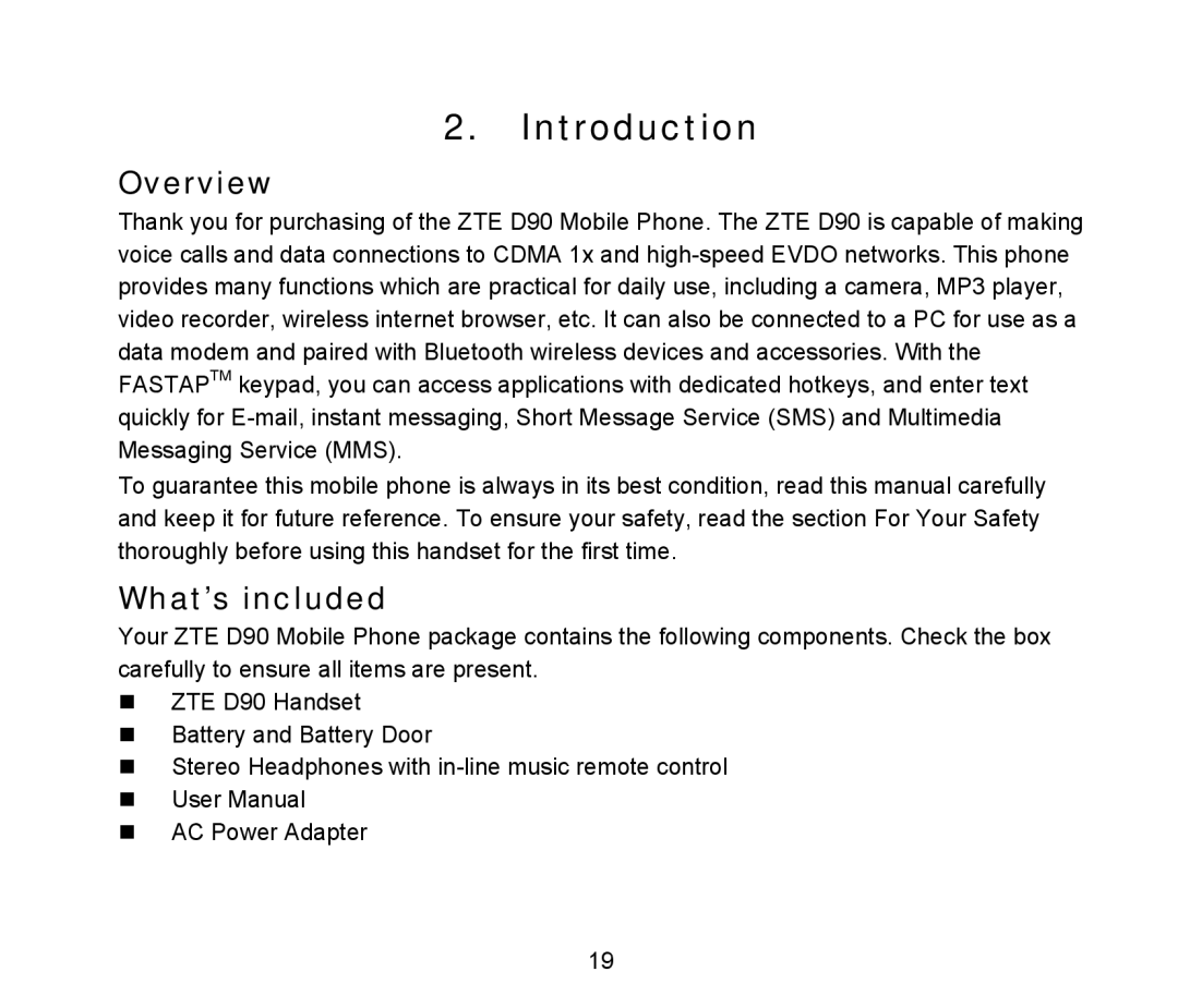 ZTE D90 user manual Introduction, Overview, What’s included 