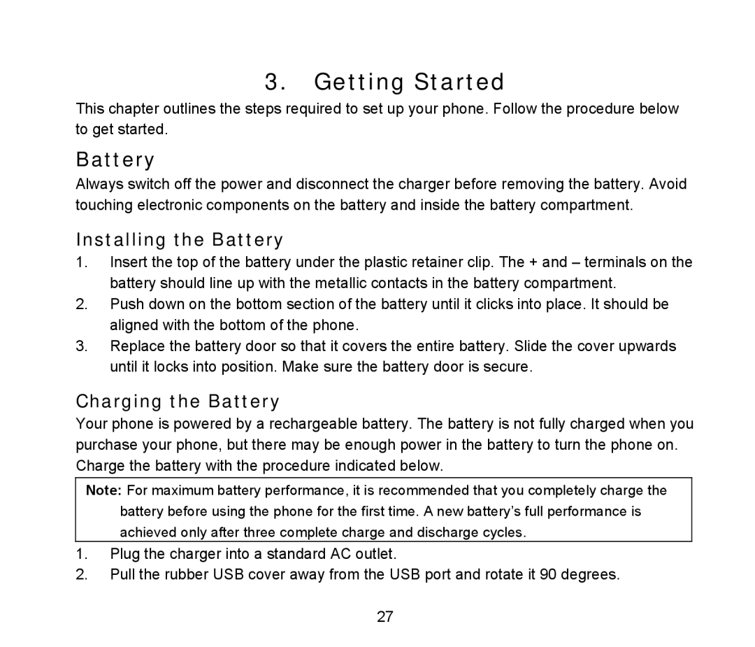 ZTE D90 user manual Getting Started, Installing the Battery, Charging the Battery 