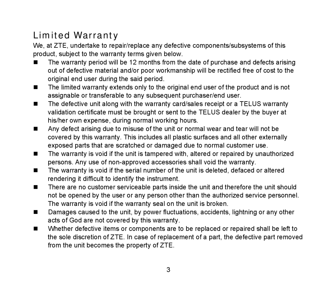 ZTE D90 user manual Limited Warranty 