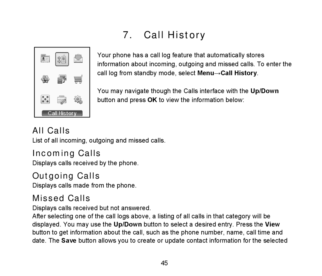 ZTE D90 user manual Call History, All Calls, Incoming Calls, Outgoing Calls, Missed Calls 