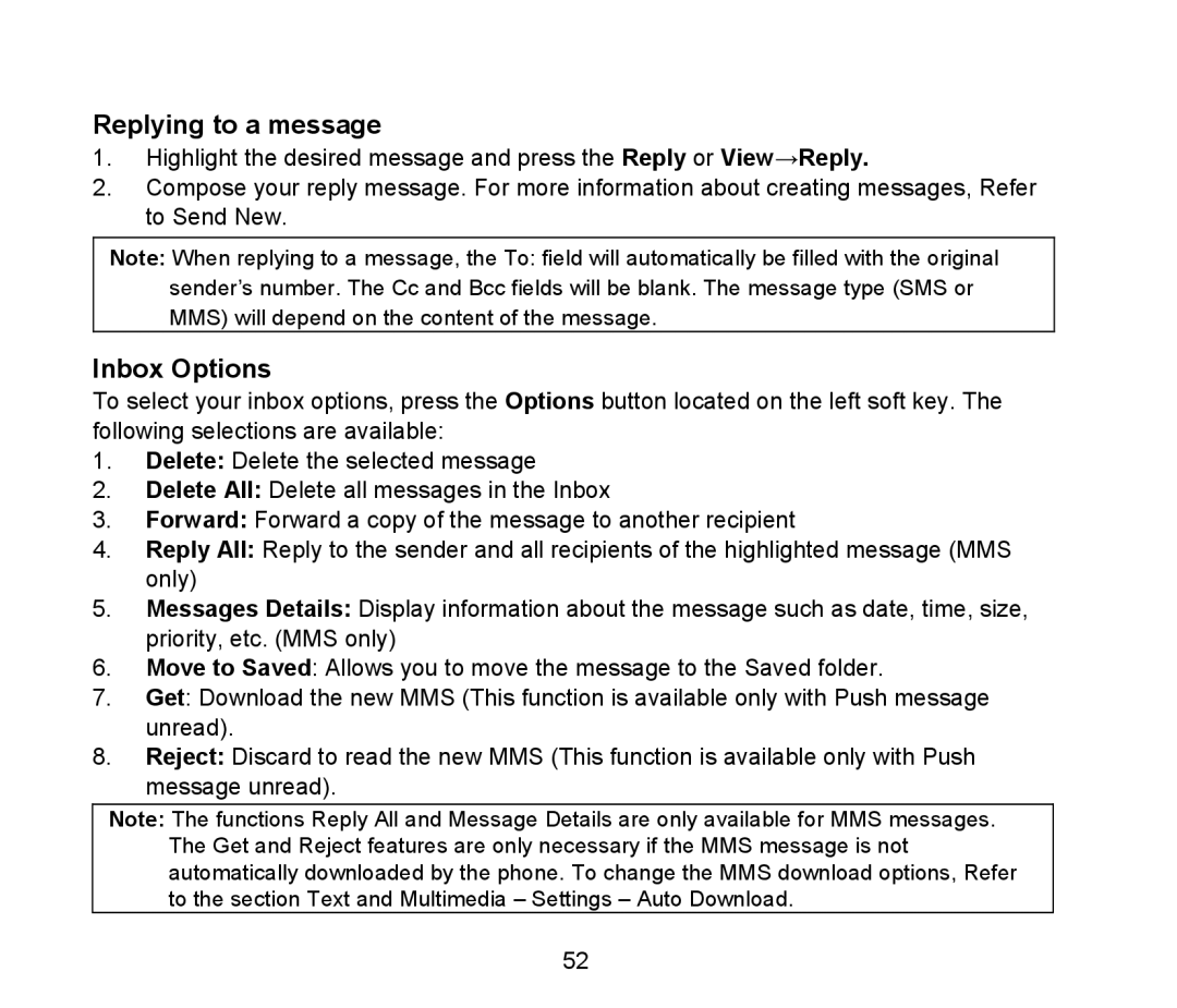 ZTE D90 user manual Replying to a message, Inbox Options 