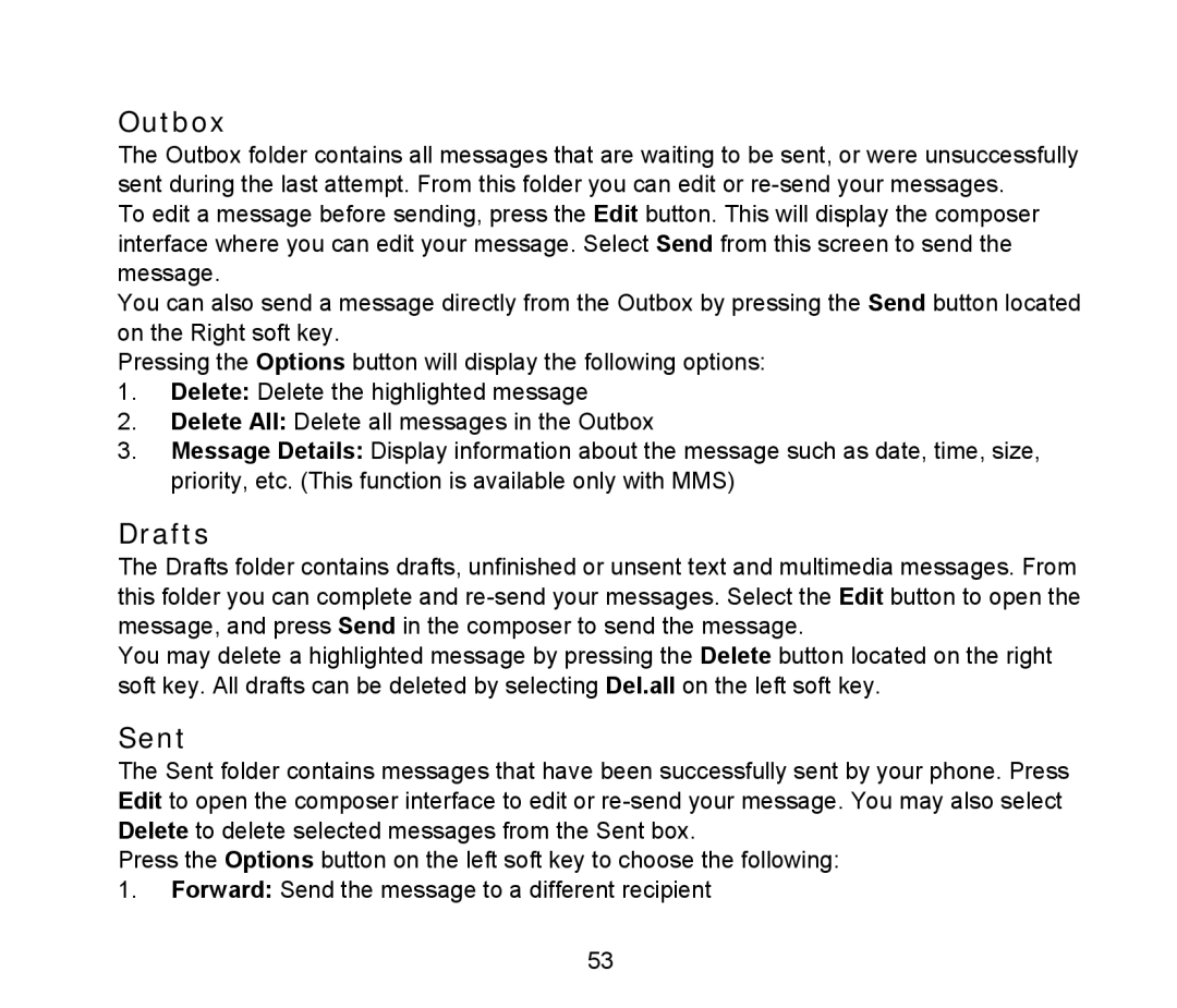 ZTE D90 user manual Outbox, Drafts, Sent 