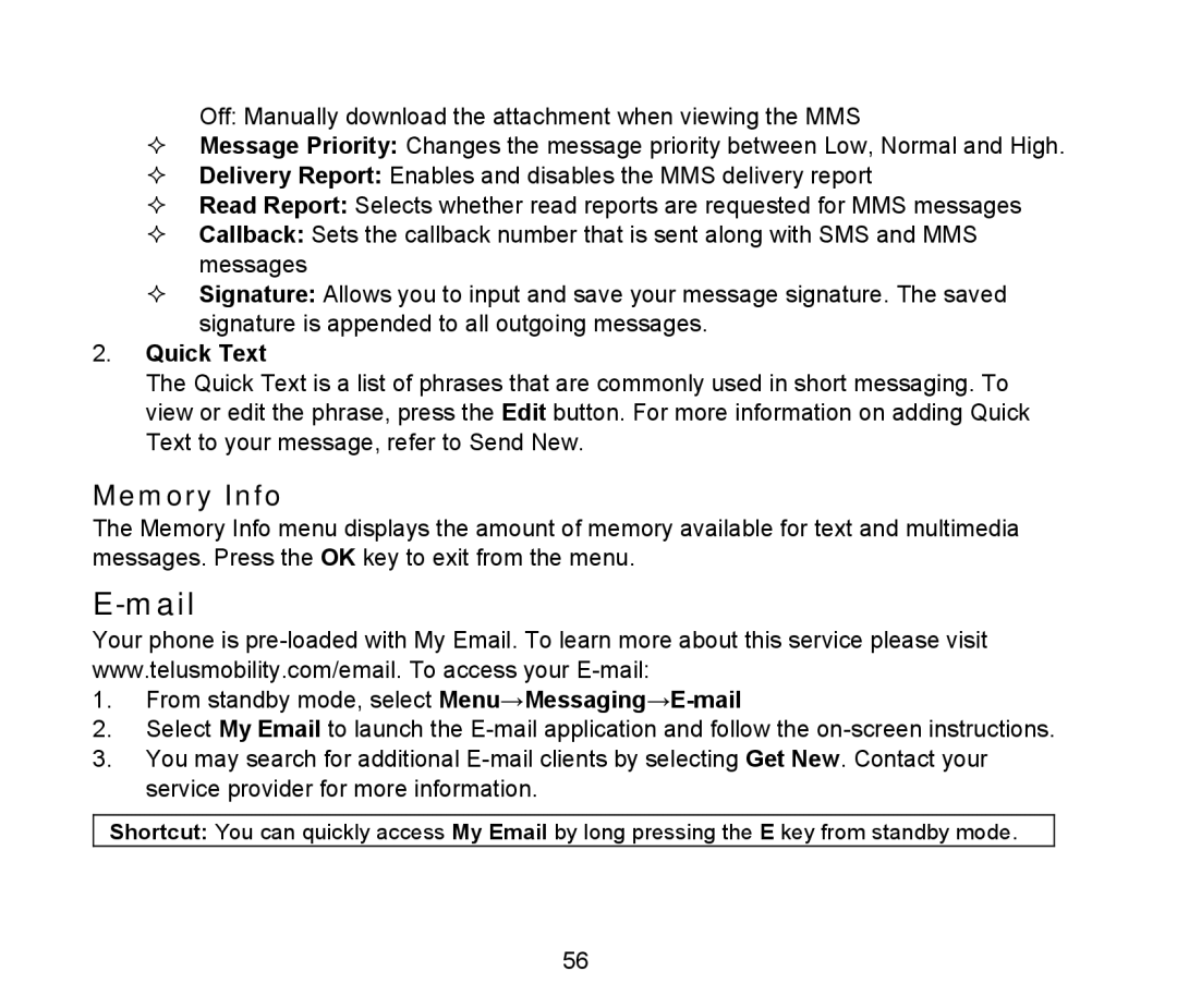 ZTE D90 user manual Mail, Memory Info, Quick Text 