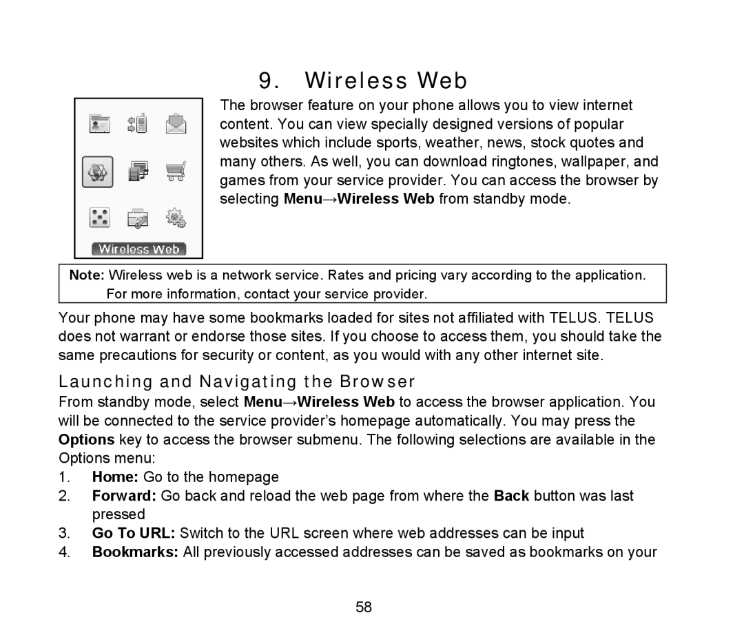 ZTE D90 user manual Wireless Web, Launching and Navigating the Browser 