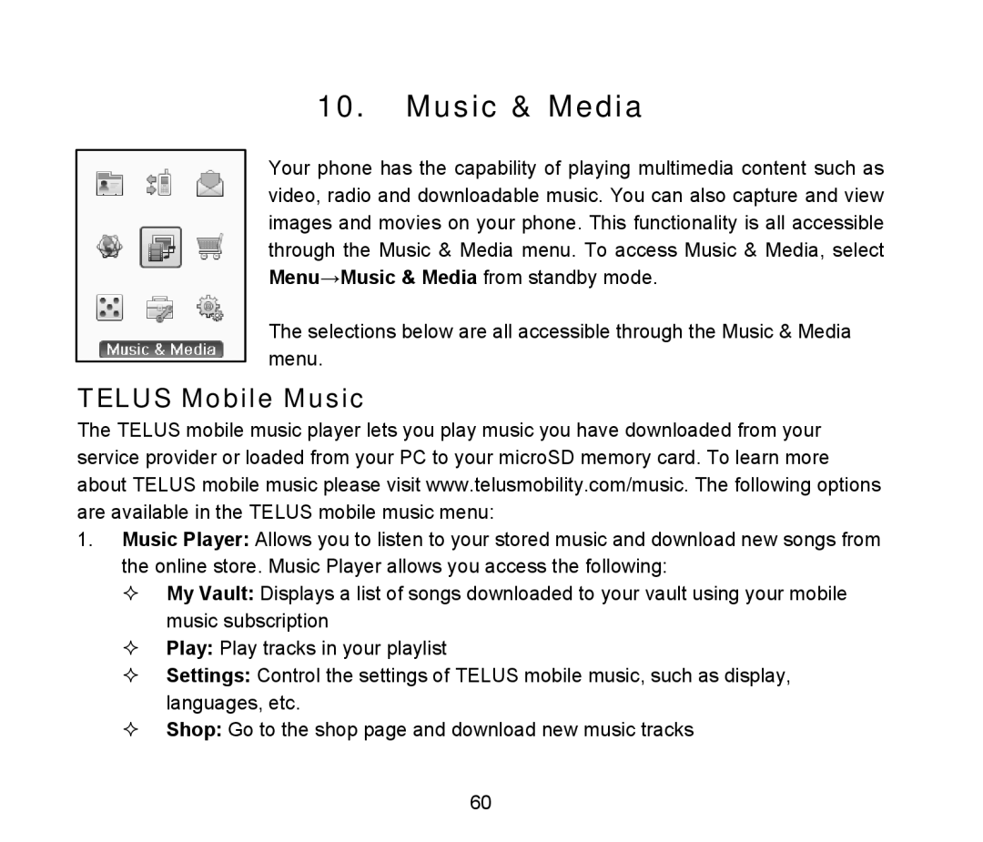 ZTE D90 user manual Music & Media, Telus Mobile Music 