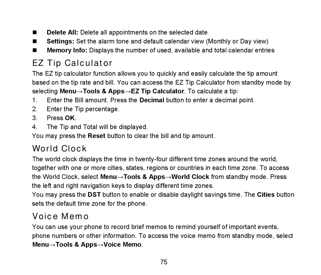 ZTE D90 user manual EZ Tip Calculator, World Clock, Voice Memo 