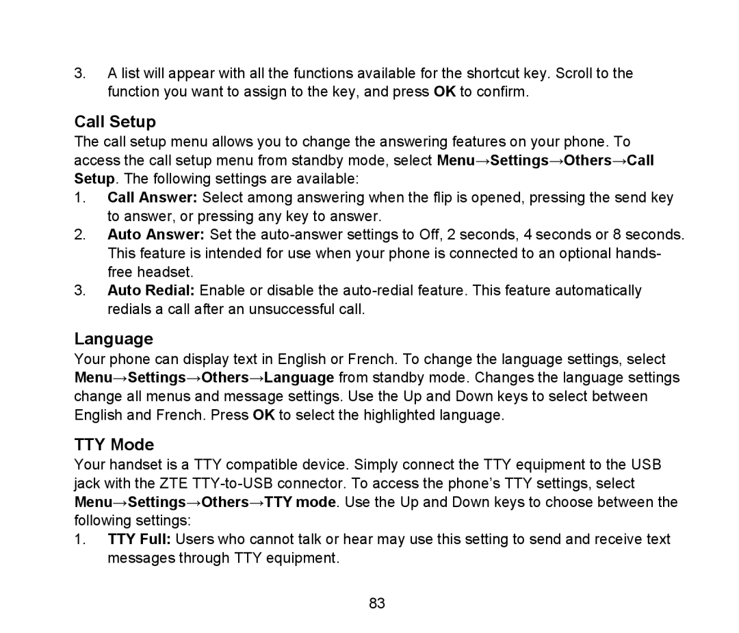 ZTE D90 user manual Call Setup, Language, TTY Mode 