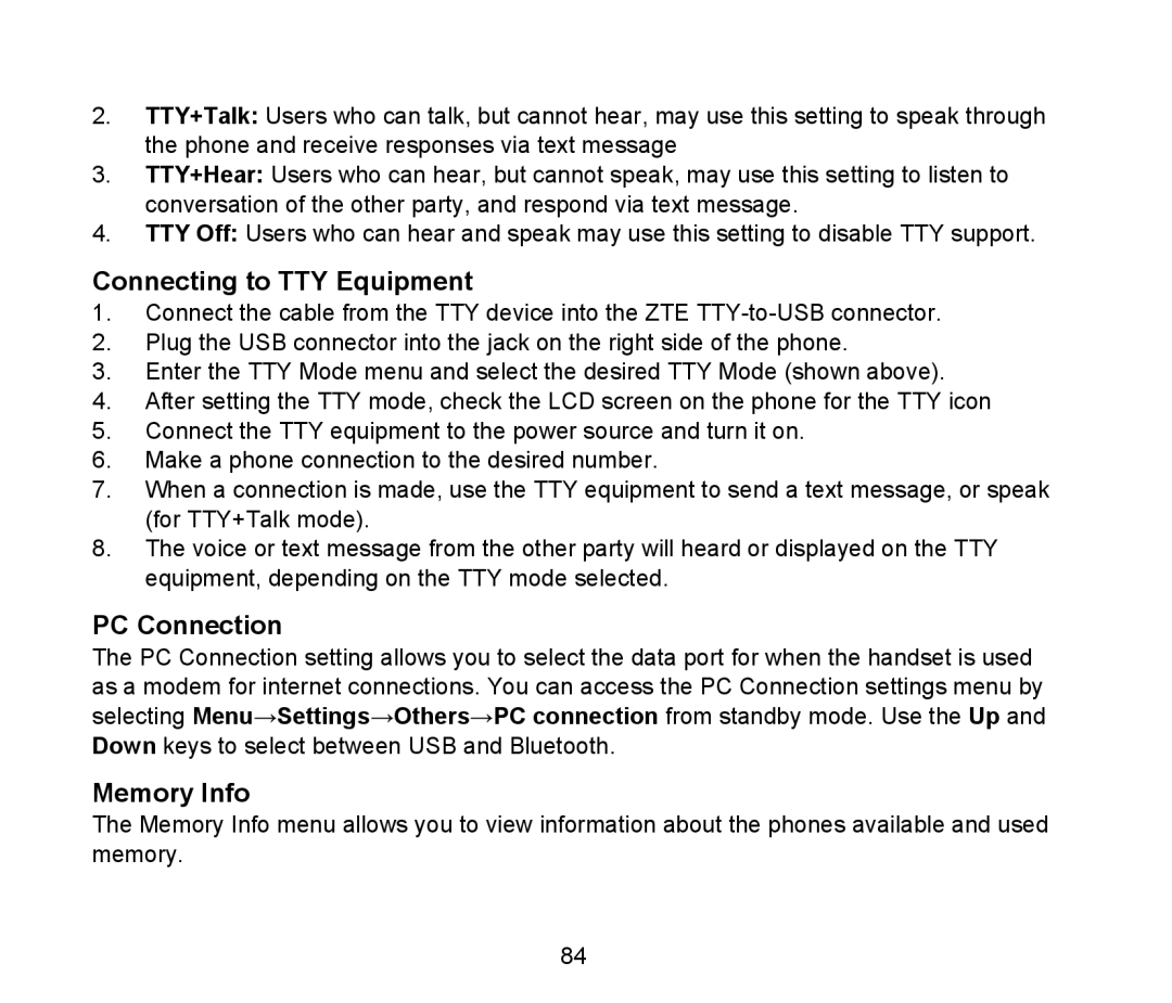 ZTE D90 user manual Connecting to TTY Equipment, PC Connection, Memory Info 