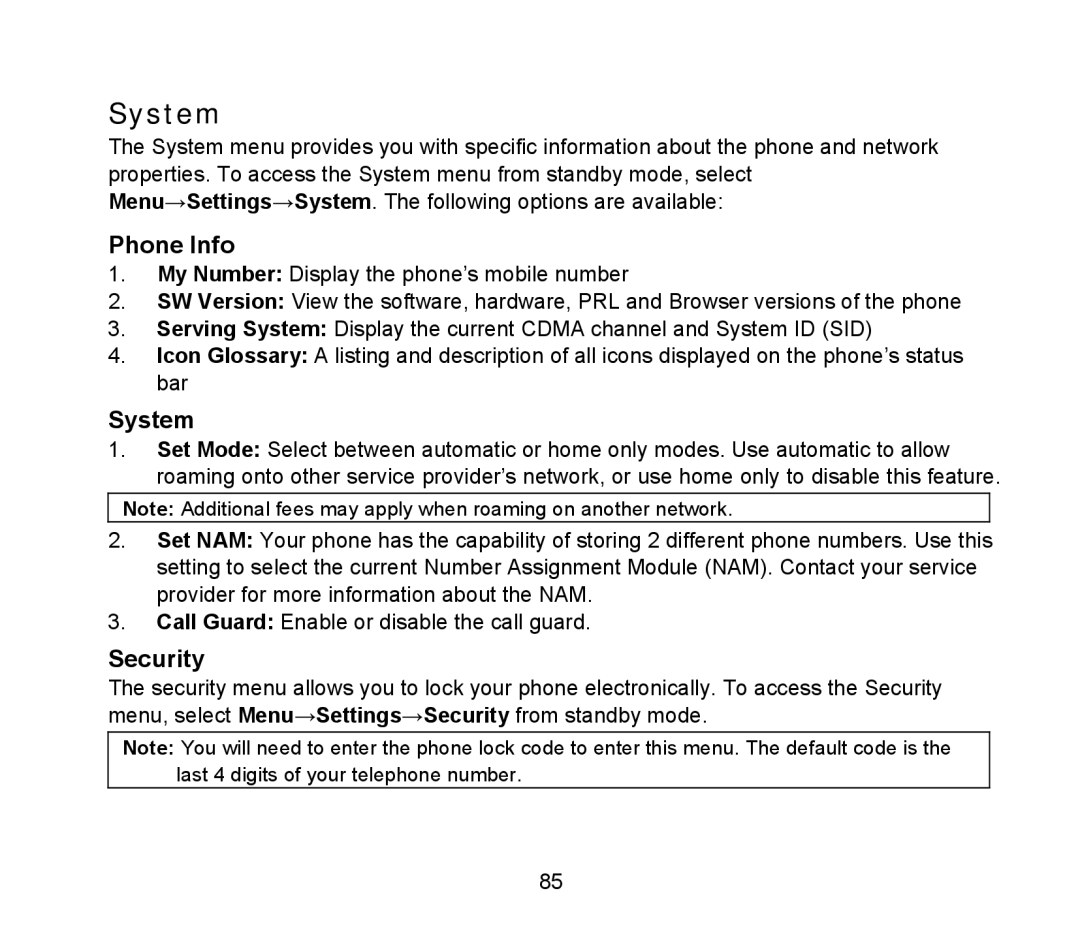 ZTE D90 user manual System, Phone Info, Security 