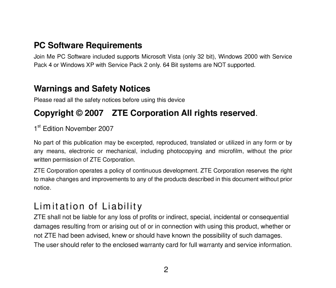 ZTE F858 user manual PC Software Requirements, Copyright 2007 ZTE Corporation All rights reserved 