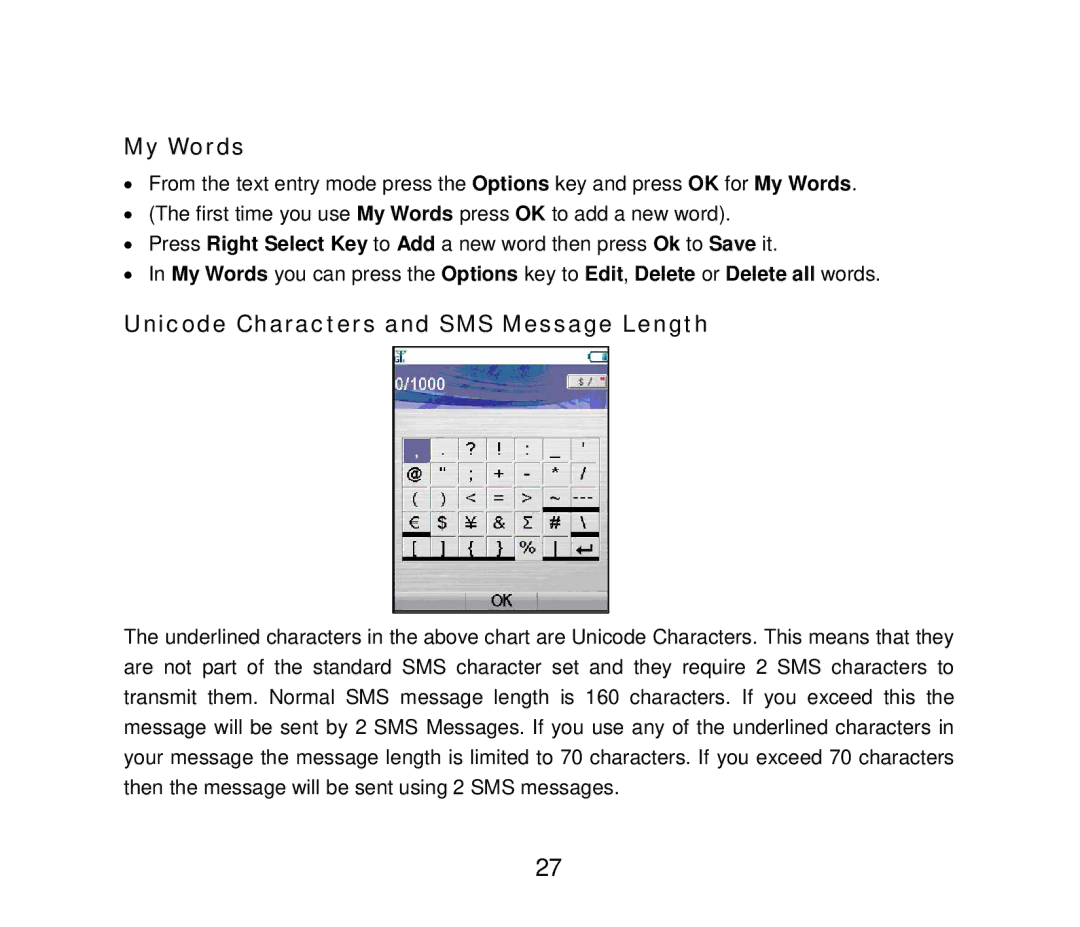 ZTE F858 user manual My Words, Unicode Characters and SMS Message Length 