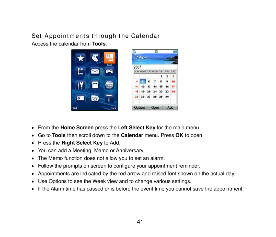 ZTE F858 user manual Set Appointments through the Calendar 