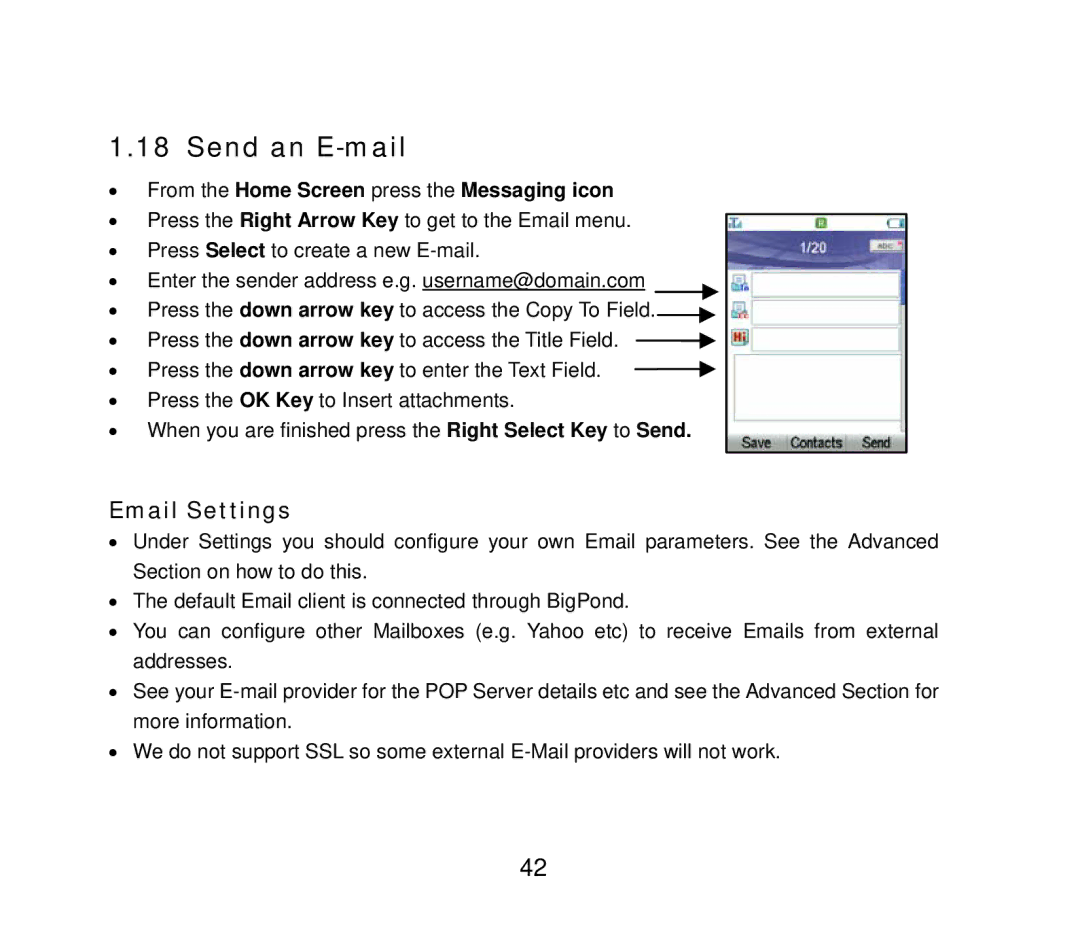 ZTE F858 user manual Send an E-mail, Email Settings, From the Home Screen press the Messaging icon 