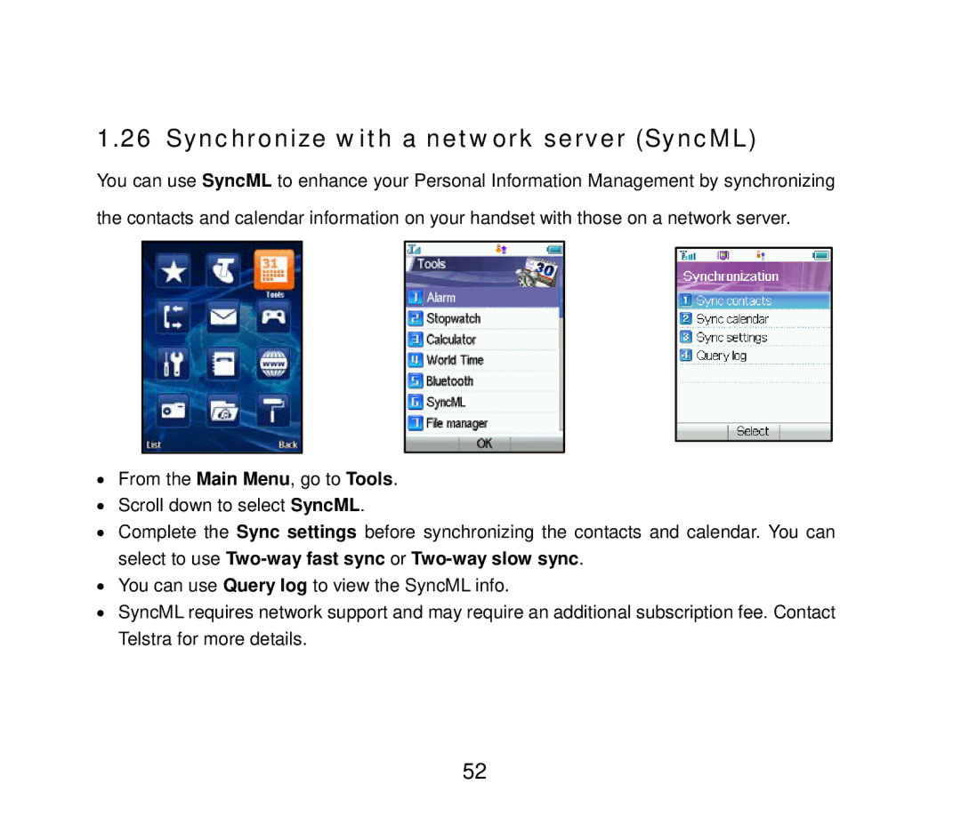 ZTE F858 user manual Synchronize with a network server SyncML 