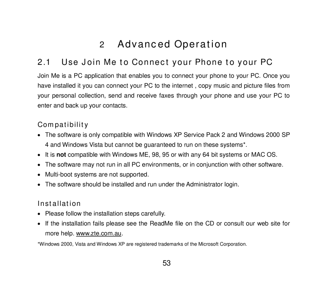 ZTE F858 user manual Advanced Operation, Use Join Me to Connect your Phone to your PC, Compatibility, Installation 