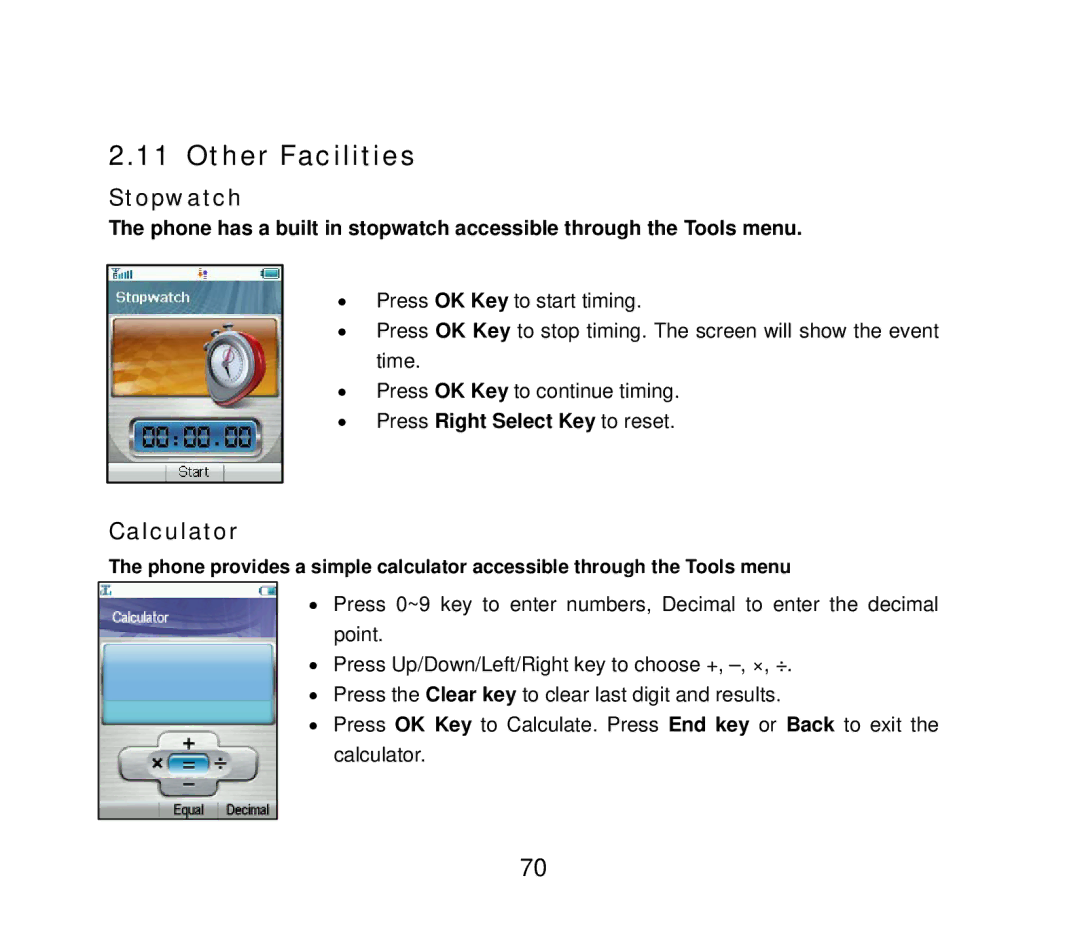 ZTE F858 user manual Other Facilities, Stopwatch, Calculator, Press Right Select Key to reset 