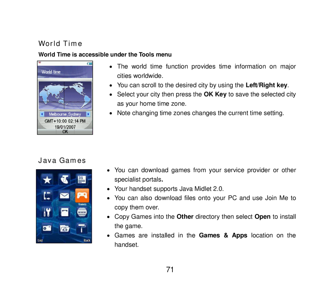 ZTE F858 user manual World Time, Java Games 