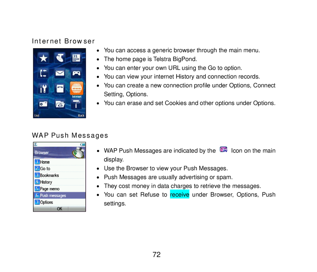 ZTE F858 user manual Internet Browser, WAP Push Messages 