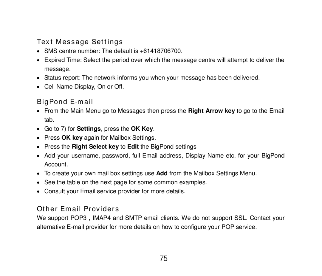 ZTE F858 user manual Text Message Settings, BigPond E-mail, Other Email Providers 