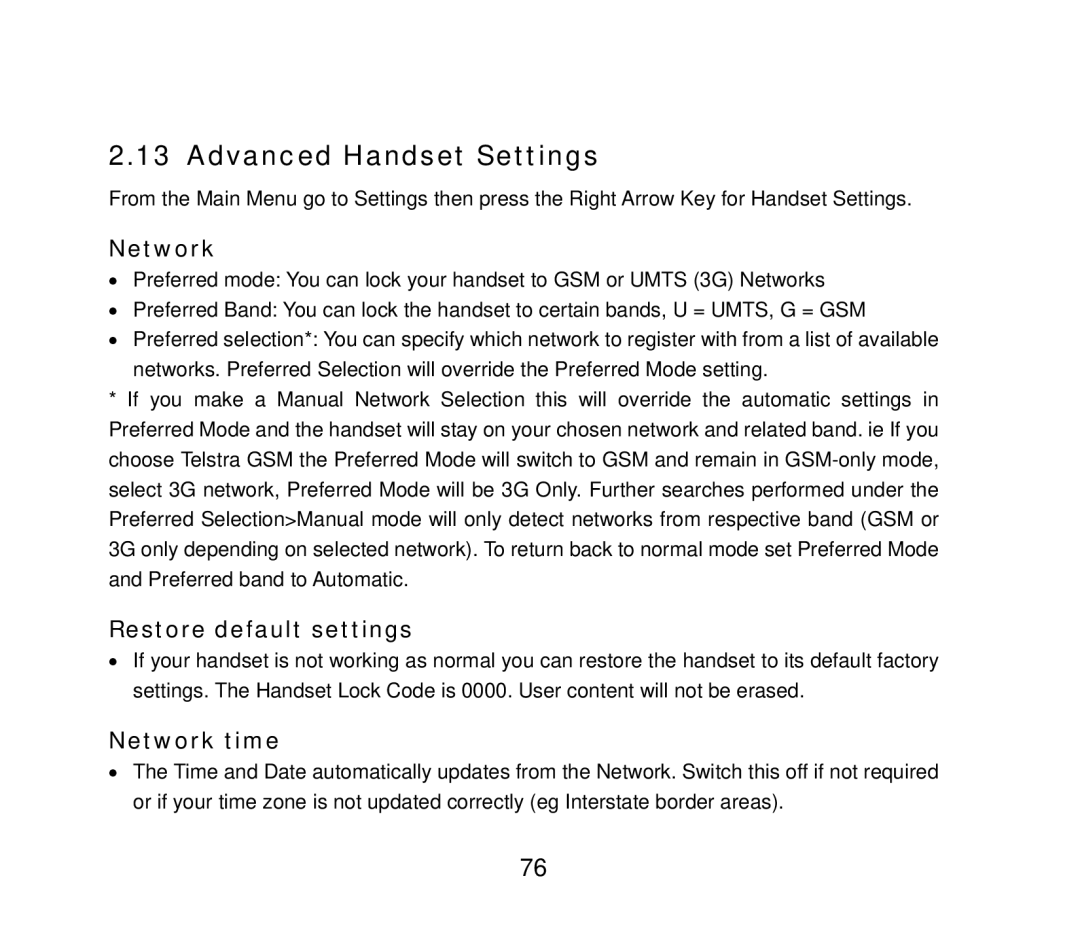 ZTE F858 user manual Advanced Handset Settings, Restore default settings, Network time 