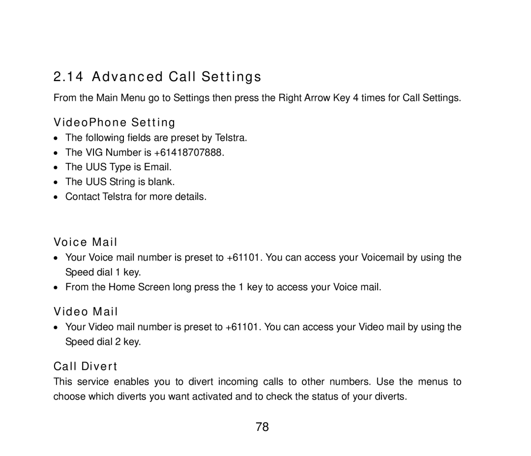 ZTE F858 user manual Advanced Call Settings, VideoPhone Setting, Voice Mail, Video Mail, Call Divert 