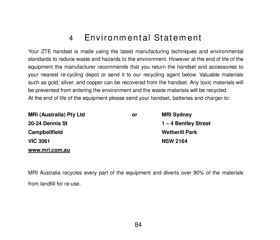 ZTE F858 user manual Environmental Statement, MRI Sydney, Dennis St, Campbellfield Wetherill Park VIC NSW 