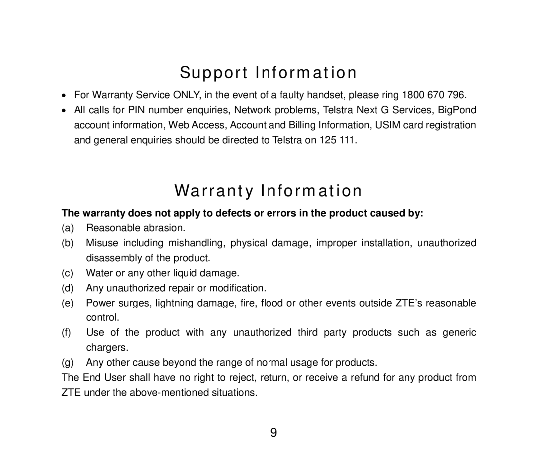 ZTE F858 user manual Support Information, Warranty Information 