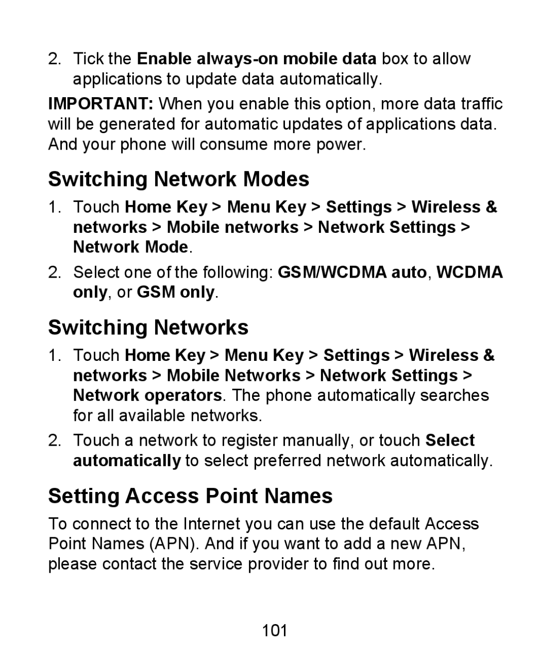 ZTE KIS user manual Switching Network Modes, Switching Networks, Setting Access Point Names 