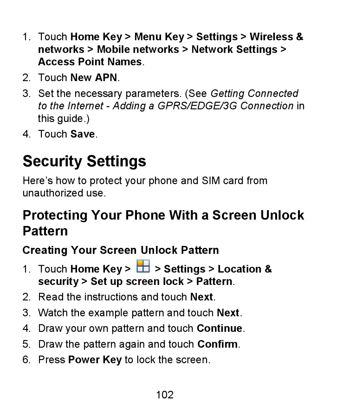 ZTE KIS user manual Security Settings, Protecting Your Phone With a Screen Unlock Pattern 