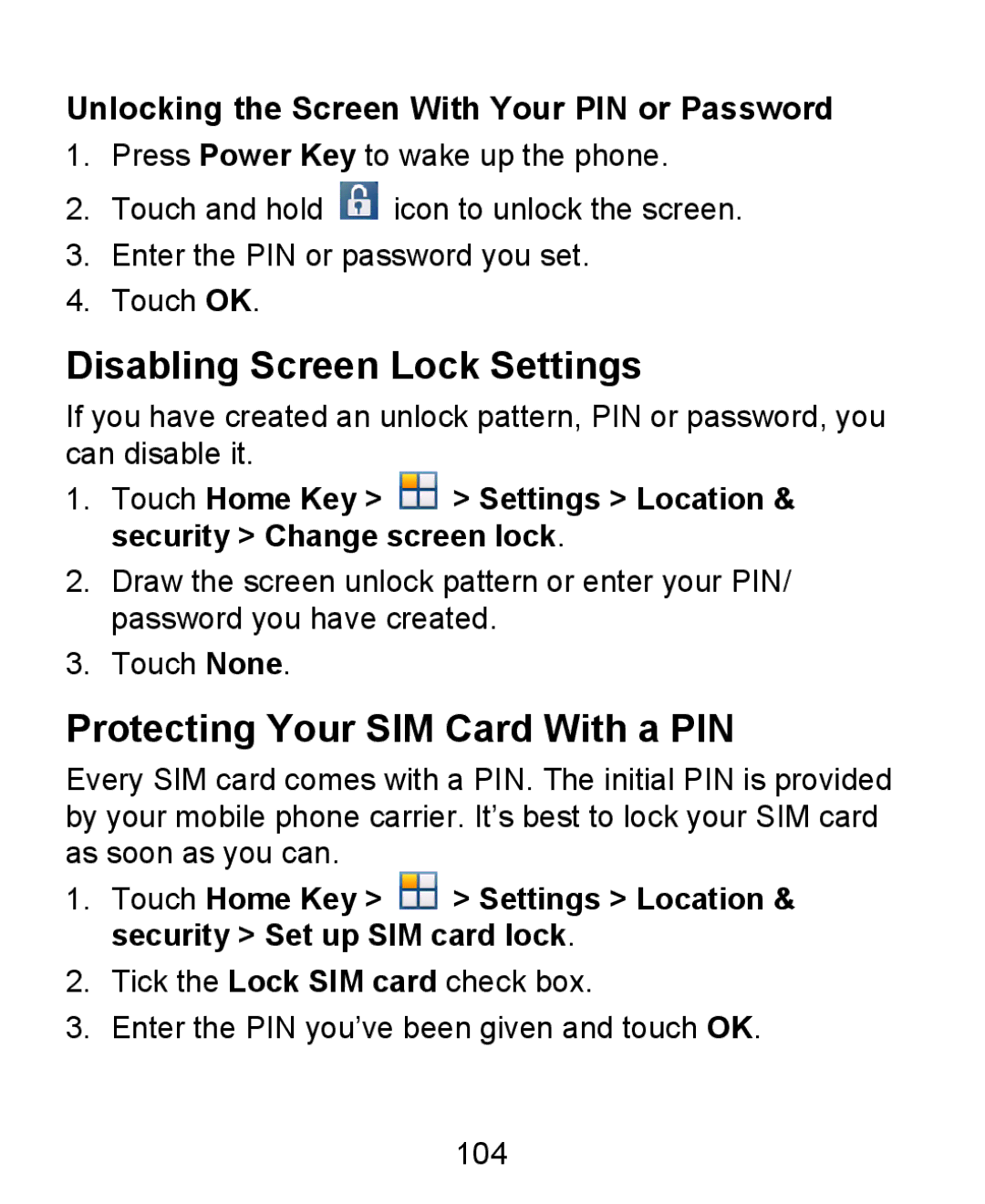 ZTE KIS user manual Disabling Screen Lock Settings, Protecting Your SIM Card With a PIN 