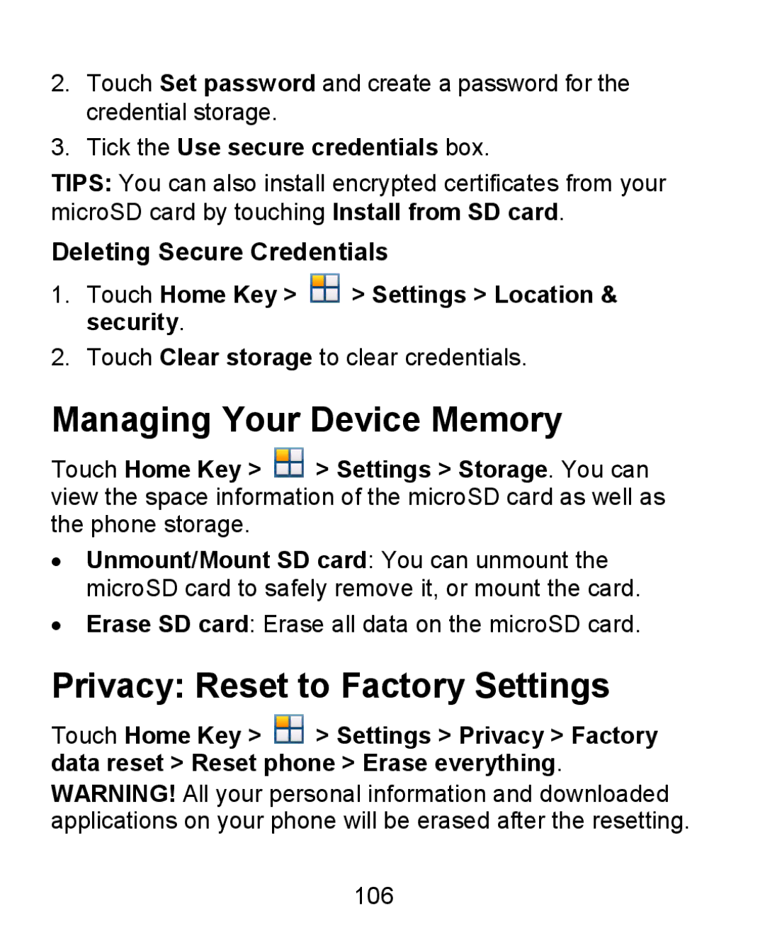 ZTE KIS user manual Managing Your Device Memory, Privacy Reset to Factory Settings, Tick the Use secure credentials box 