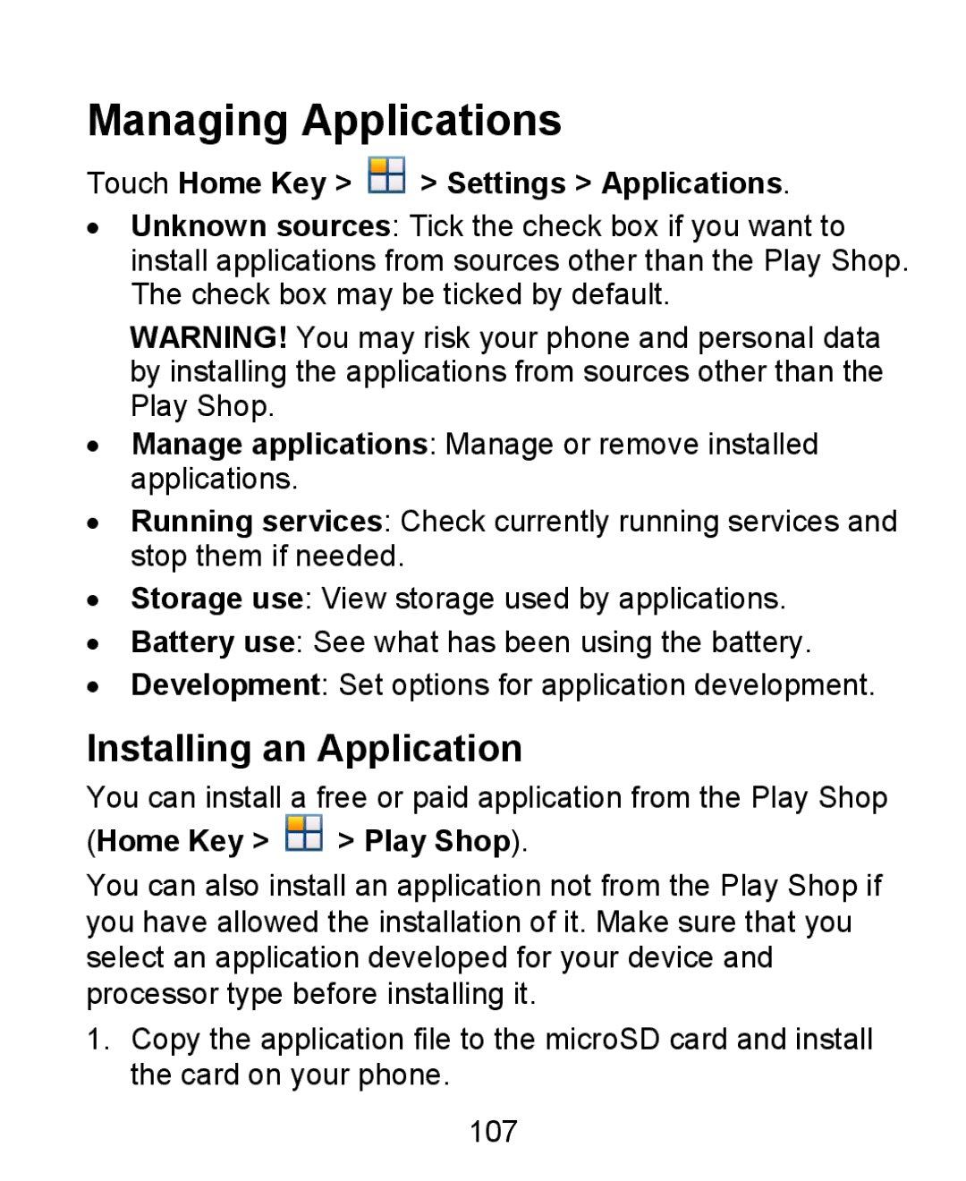 ZTE KIS Managing Applications, Installing an Application, Touch Home Key Settings Applications, Home Key Play Shop 