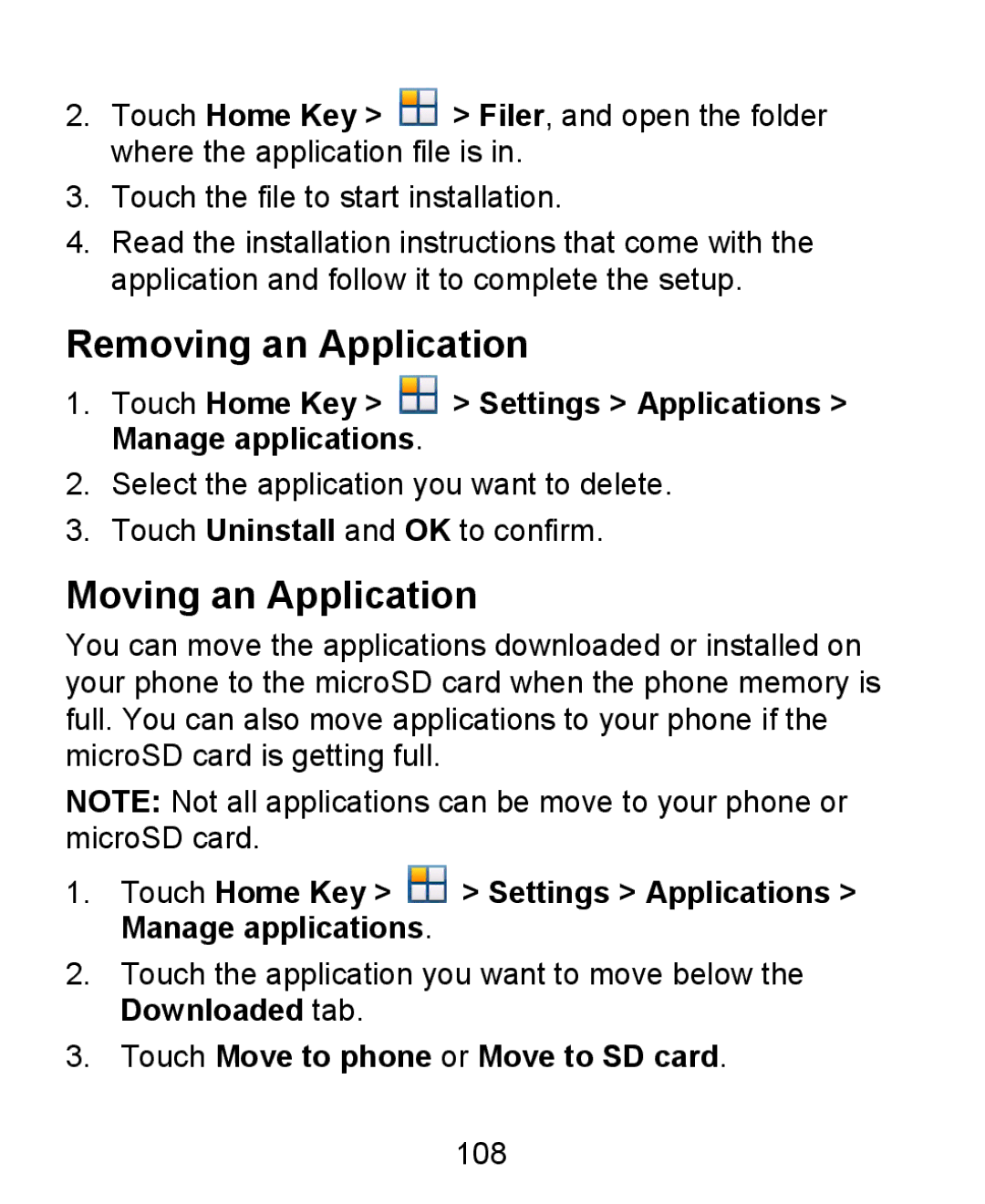 ZTE KIS Removing an Application, Moving an Application, Touch Home Key Settings Applications Manage applications 