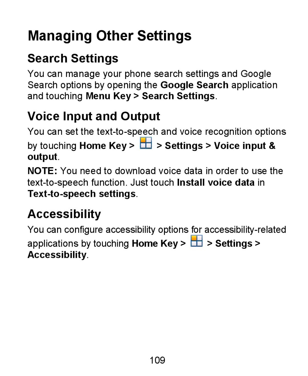 ZTE KIS user manual Managing Other Settings, Search Settings, Voice Input and Output, Accessibility 