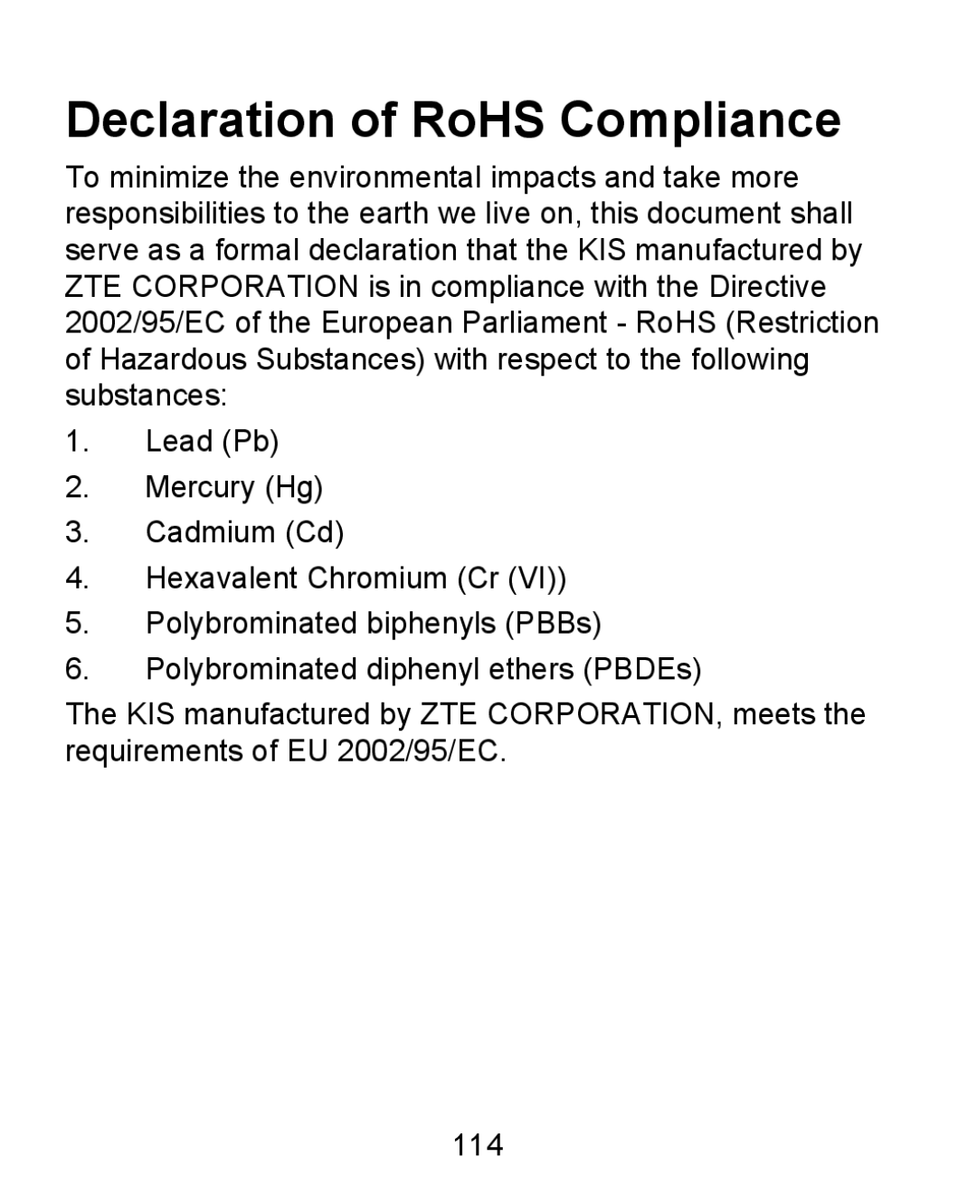 ZTE KIS user manual Declaration of RoHS Compliance 