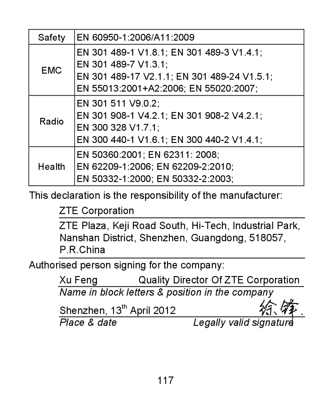 ZTE KIS user manual Name in block letters & position in the company 