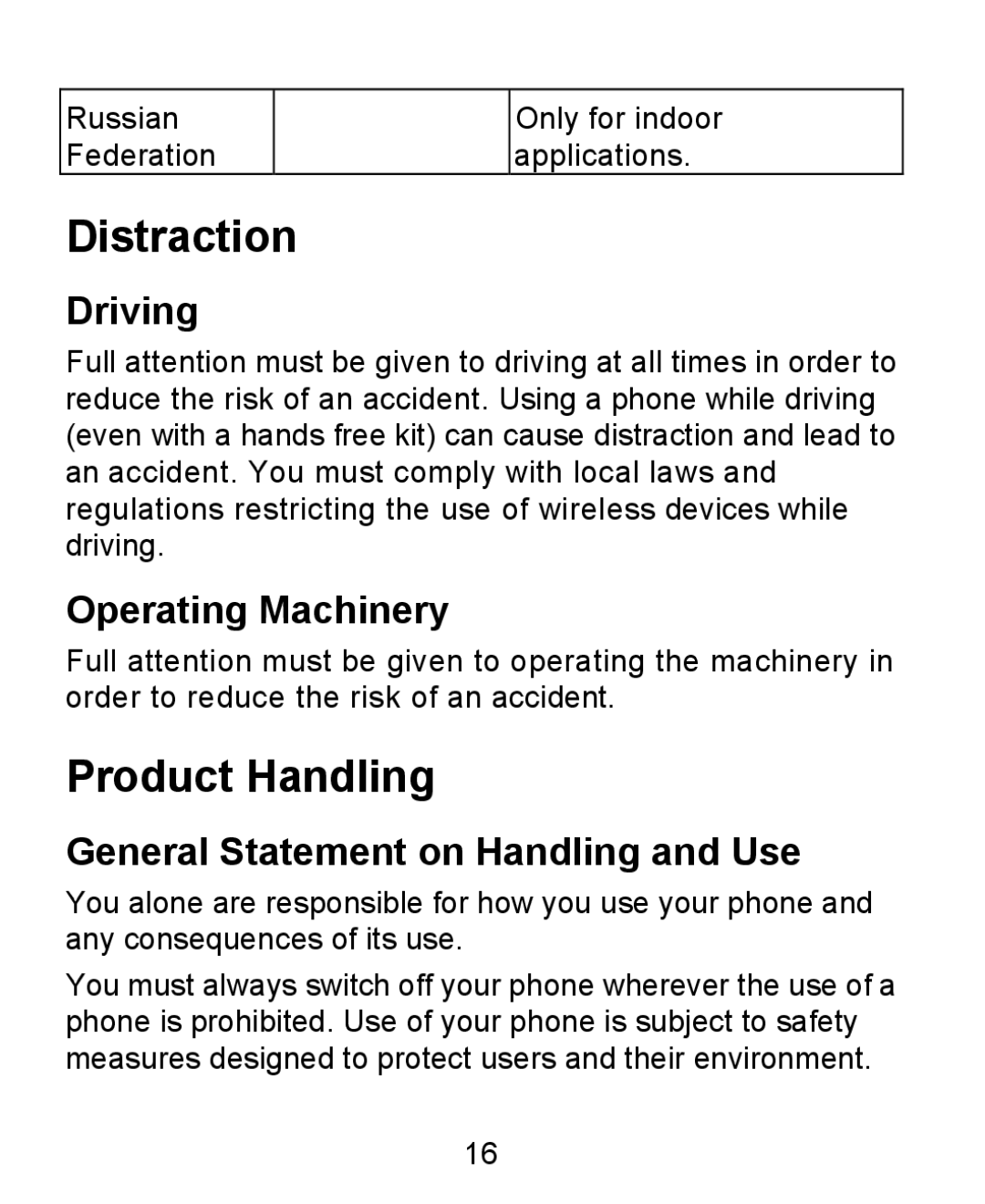 ZTE KIS user manual Distraction, Product Handling, Driving, Operating Machinery, General Statement on Handling and Use 