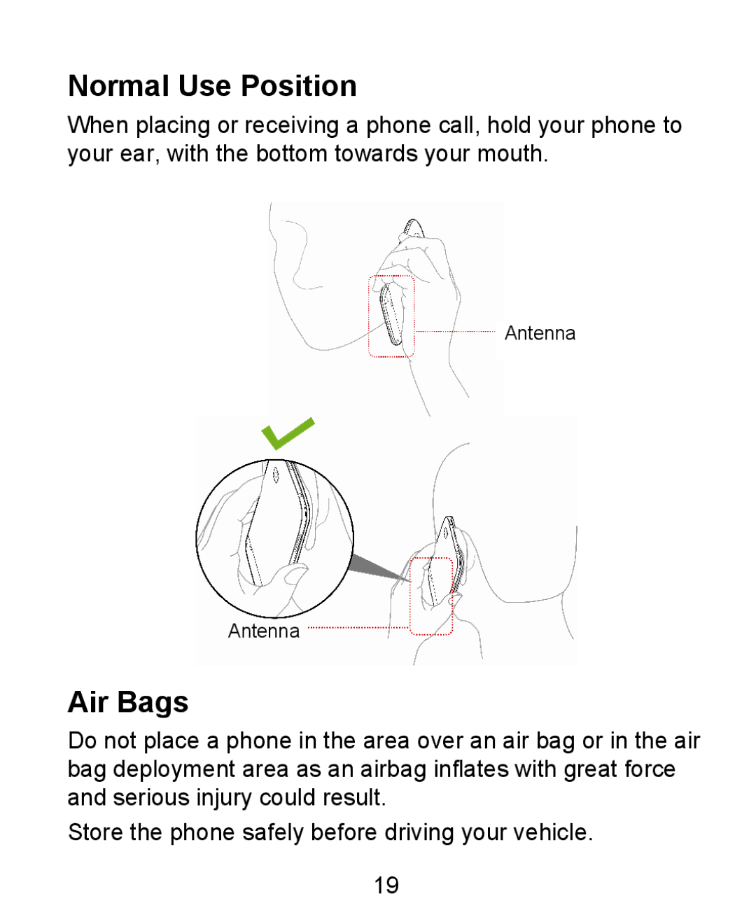 ZTE KIS user manual Normal Use Position, Air Bags 