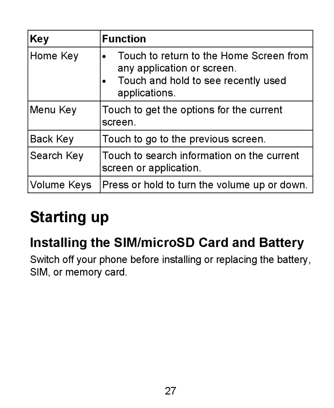 ZTE KIS user manual Starting up, Installing the SIM/microSD Card and Battery 